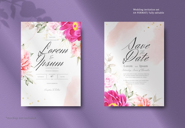 Romantic watercolor wedding invitation card set with maroon floral and leaves