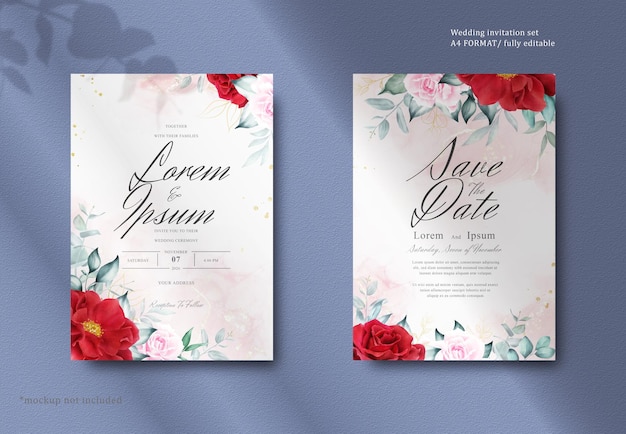 Romantic watercolor wedding invitation card set with maroon floral and leaves