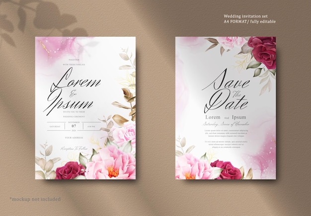 Romantic watercolor wedding invitation card set with maroon floral and leaves