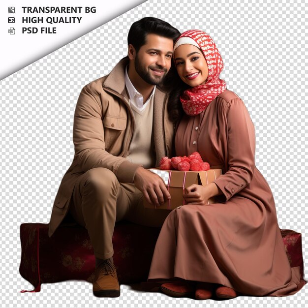 Romantic young arabic couple valentines day with gift vin transparent background psd isolated