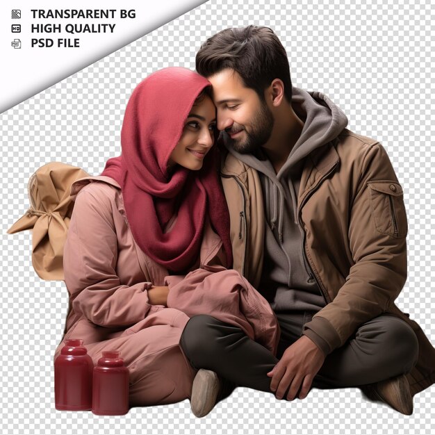 Romantic young arabic couple valentines day with presents transparent background psd isolated