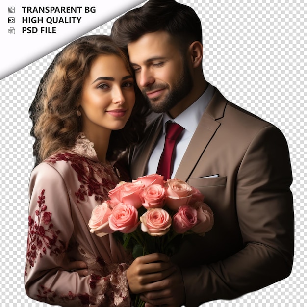 PSD romantic young arabic couple valentines day with roses el transparent background psd isolated