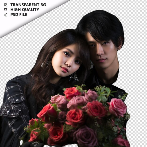 PSD romantic young asian couple valentines day with flowers c transparent background psd isolated