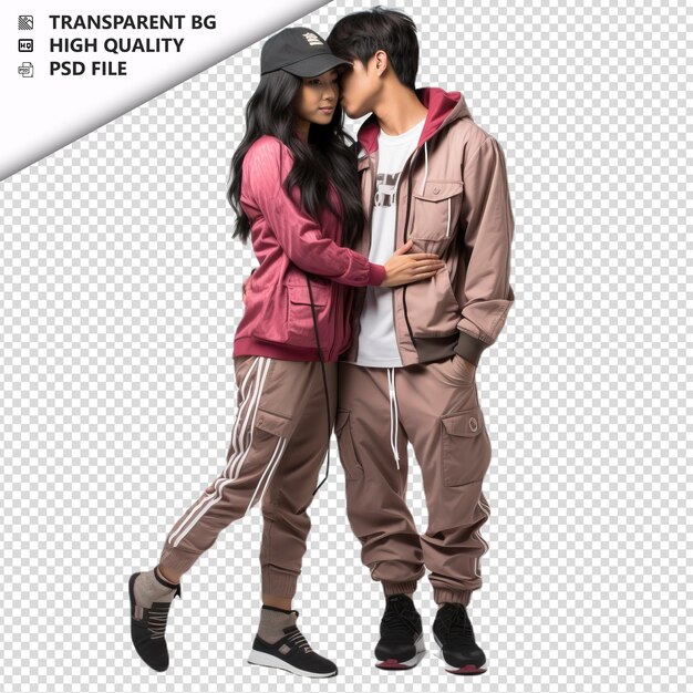 PSD Романтическая молодая азиатская пара день святого валентина с поцелуем s прозрачный фон psd изолирован.