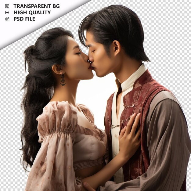 PSD romantic young asian couple valentines day with kissing t transparent background psd isolated