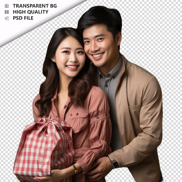 PSD romantic young asian couple valentines day with presents transparent background psd isolated
