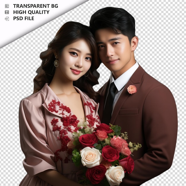 PSD romantic young asian couple valentines day with roses ele transparent background psd isolated