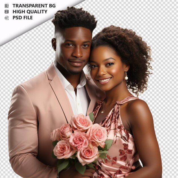 PSD romantic young black couple valentines day with flowers g transparent background psd isolated