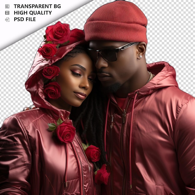 Romantic young black couple valentines day with roses str transparent background psd isolated