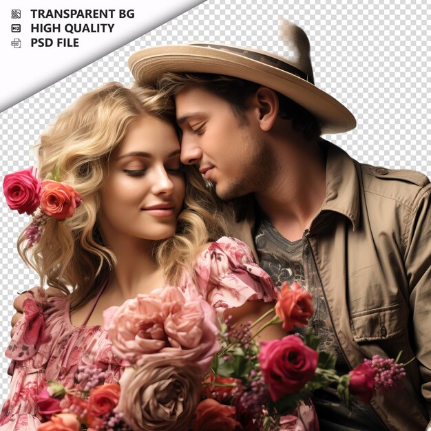 PSD romantic young brazil couple valentines day with flowers transparent background psd isolated