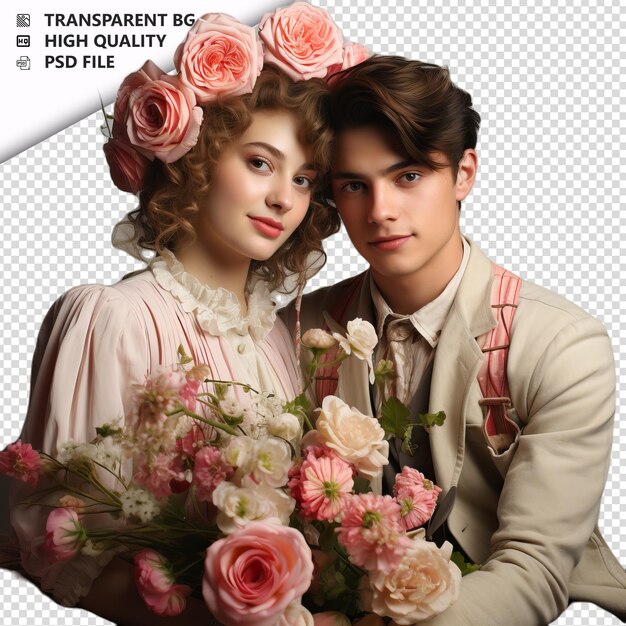 PSD romantic young brazil couple valentines day with flowers transparent background psd isolated