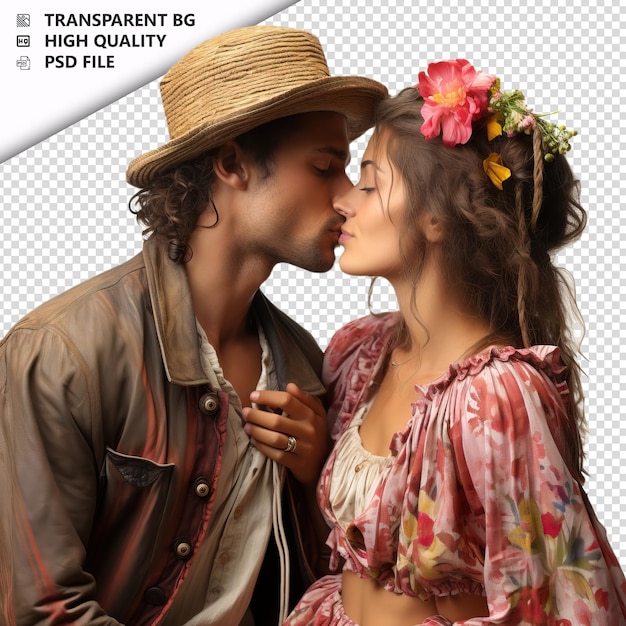 Giornata di san valentino romantica di una giovane coppia brasiliana con un bacio sullo sfondo trasparente psd isolato.
