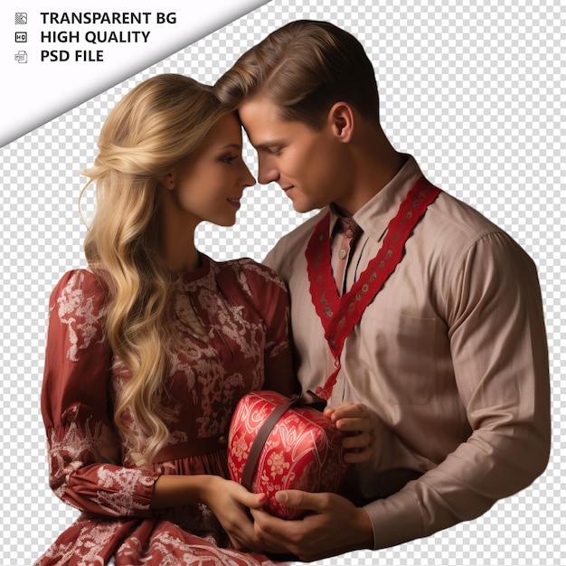 PSD romantic young europian couple valentines day with gift s transparent background psd isolated