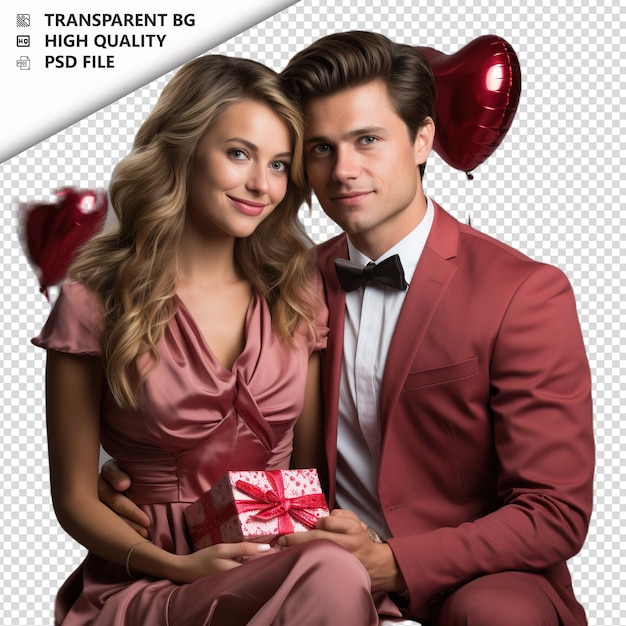 Romantic young europian couple valentines day with presen transparent background psd isolated