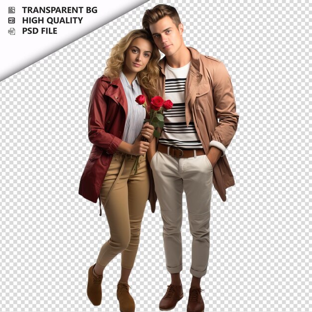 PSD romantic young europian couple valentines day with roses transparent background psd isolated