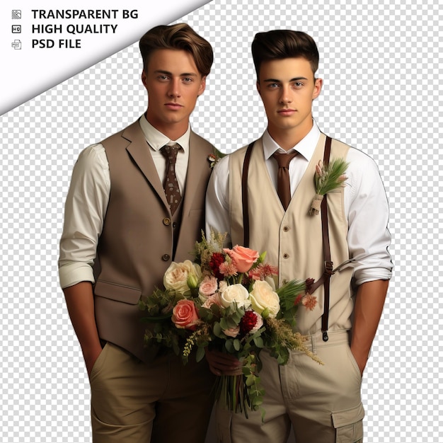 PSD romantic young gay couple valentine's day with flowers pre transparent background psd izolowany