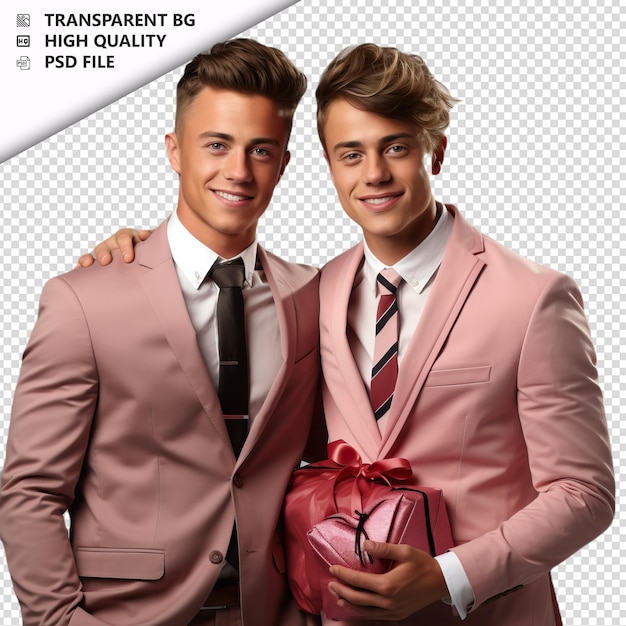PSD romantic young gay couple valentine's day with gift bohemi transparent background psd izolowany