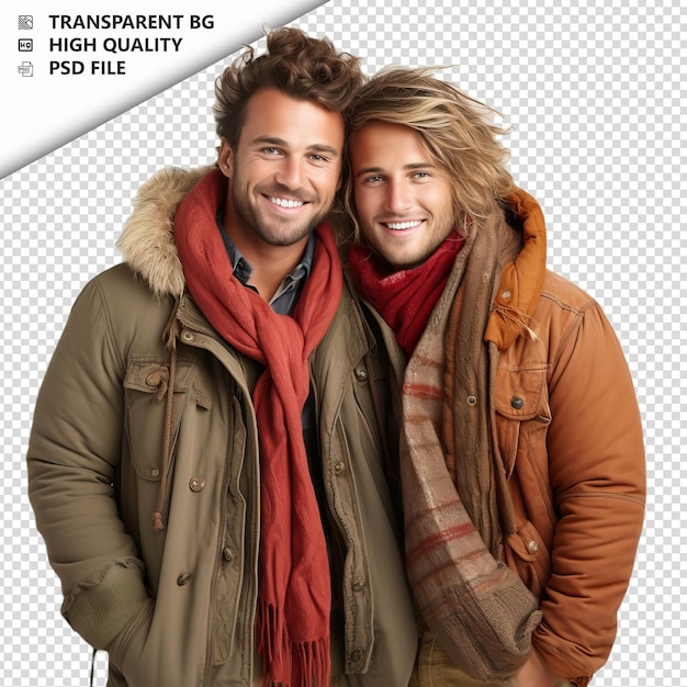 PSD romantic young gay couple valentine's day with huging bohe transparent background psd izolowany