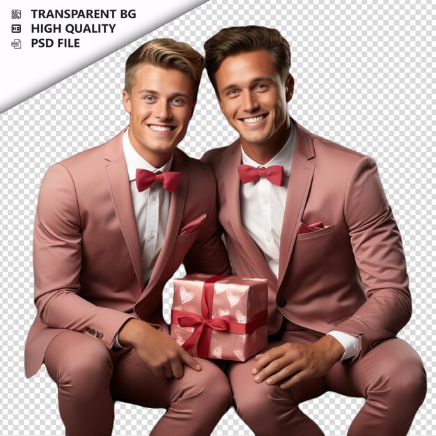 PSD romantic young gay couple valentine's day with presents el transparent background psd izolowany