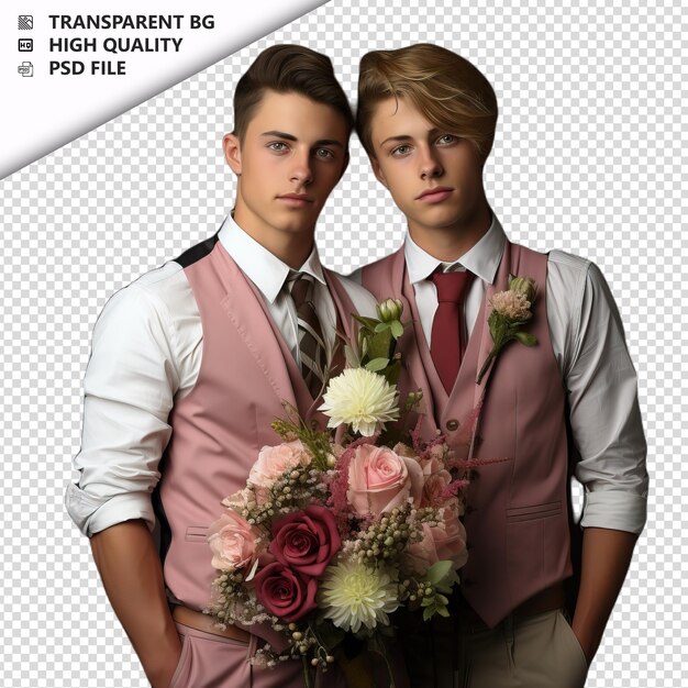 PSD romantic young gay couple valentines day with flowers pre transparent background psd isolated