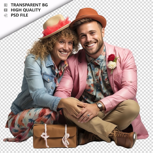 PSD romantic young gay couple valentines day with gift bohemi transparent background psd isolated