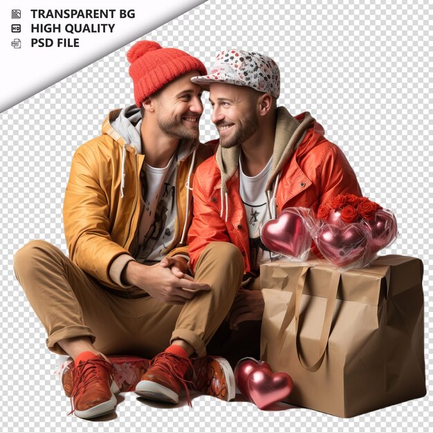 PSD romantic young gay couple valentines day with jewelry pre transparent background psd isolated