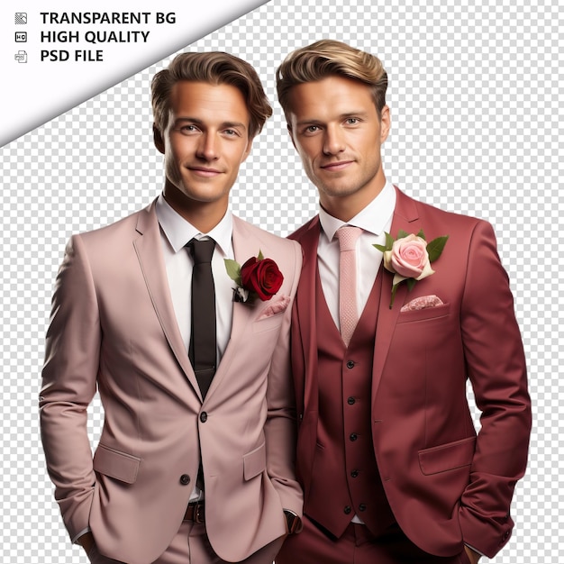 PSD romantic young gay couple valentines day with roses casua transparent background psd isolated