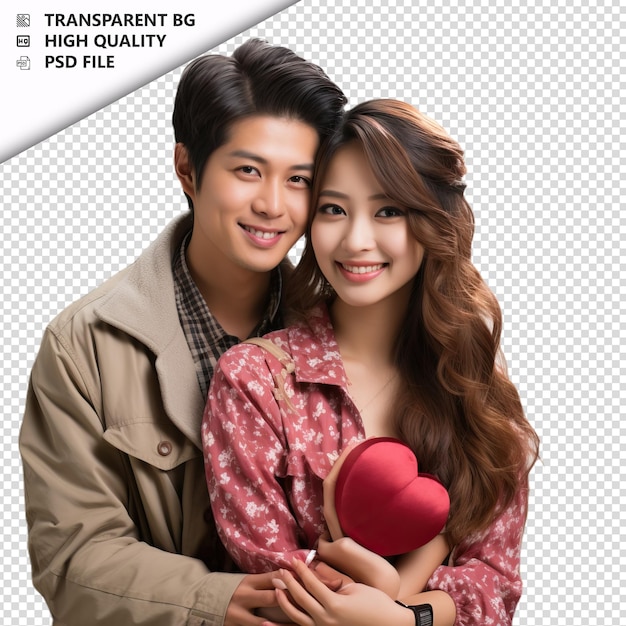 PSD romantic young japanese couple valentines day with gift b transparent background psd isolated