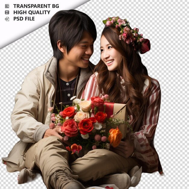 PSD romantic young japanese couple valentines day with gift b transparent background psd isolated