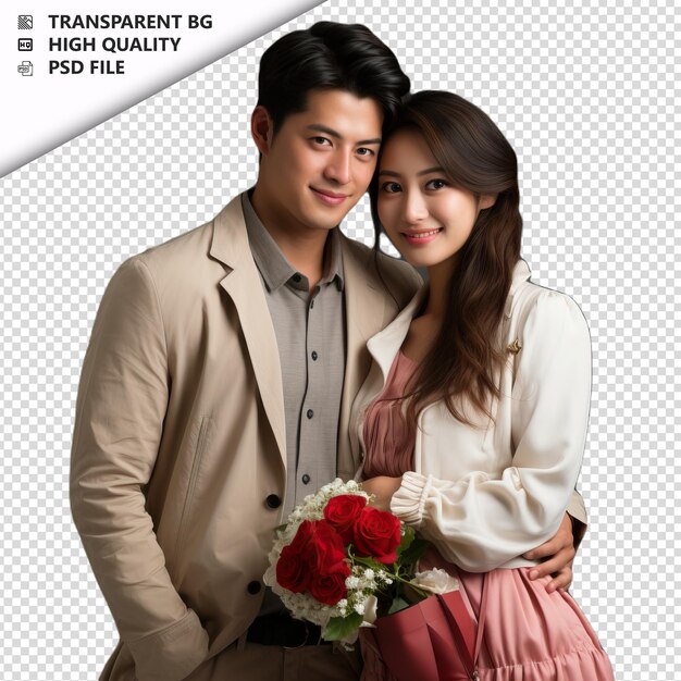 Romantic young japanese couple valentines day with gift c transparent background psd isolated