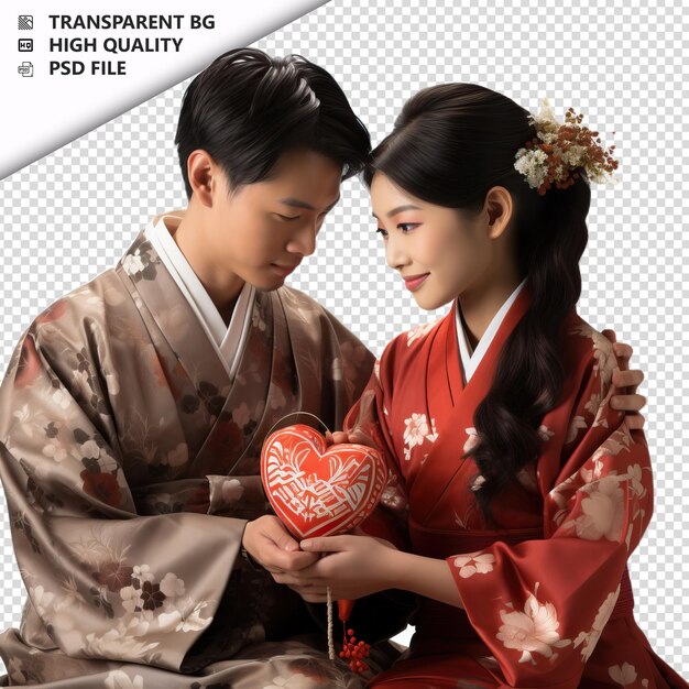 PSD romantic young japanese couple valentines day with gift t transparent background psd isolated