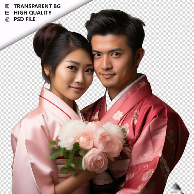 PSD romantic young japanese couple valentines day with huging transparent background psd isolated