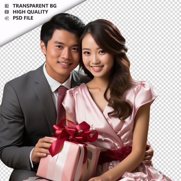 PSD romantic young japanese couple valentines day with presen transparent background psd isolated