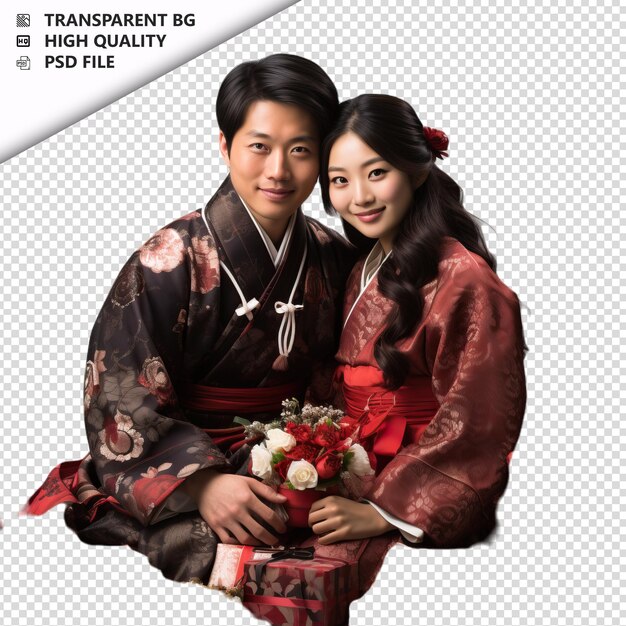 PSD romantic young japanese couple valentines day with presen transparent background psd isolated