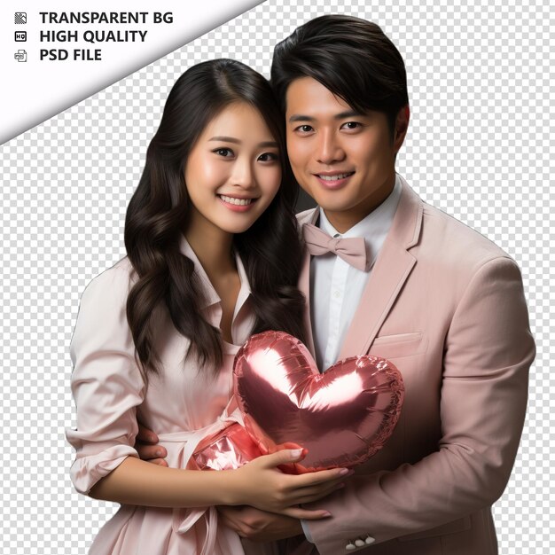 PSD romantic young japanese couple valentines day with presen transparent background psd isolated