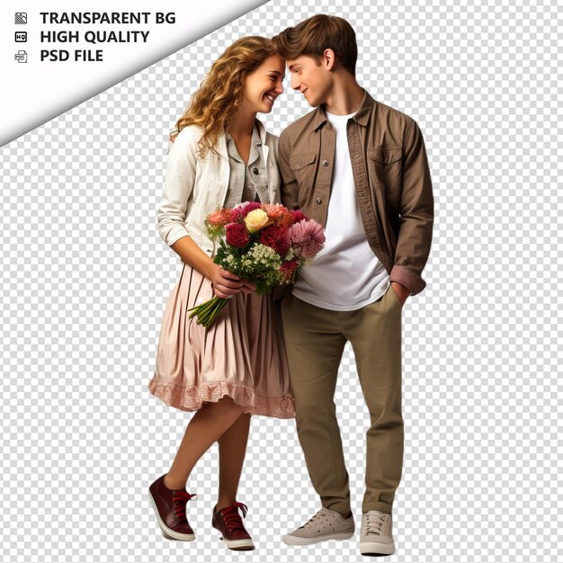 PSD romantic young jewish couple valentines day with flowers transparent background psd isolated