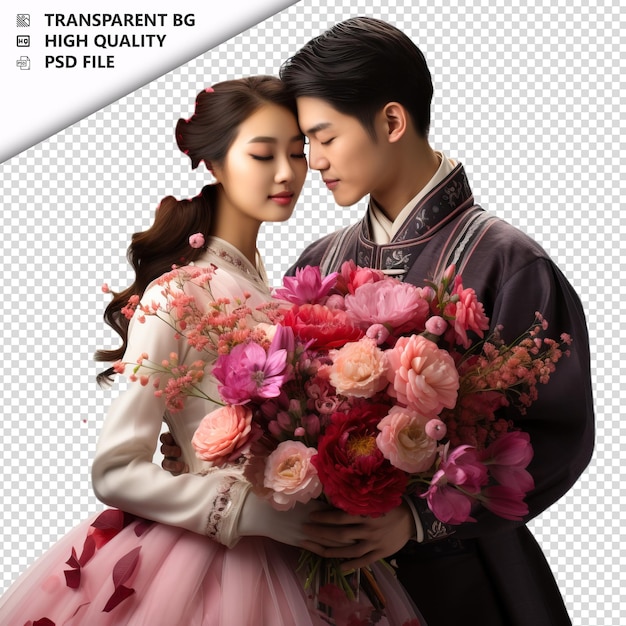 PSD ロマンチックな若い韓国人カップル ヴァレンタインデー 花の透明な背景 孤立したpsd