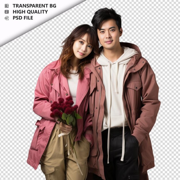 PSD romantic young korean couple valentines day with holding transparent background psd isolated