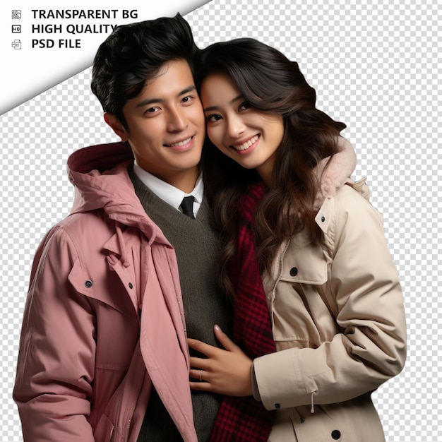 PSD romantic young korean couple valentines day with huging p transparent background psd isolated