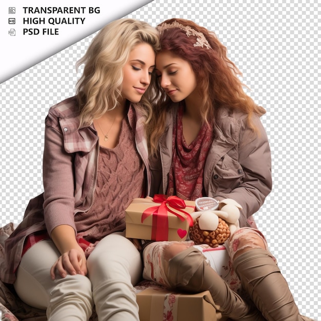 Romantic Young Lesbian Couple Valentine's Day Z Obecnym Przezroczystym Tłem Psd Izolowane