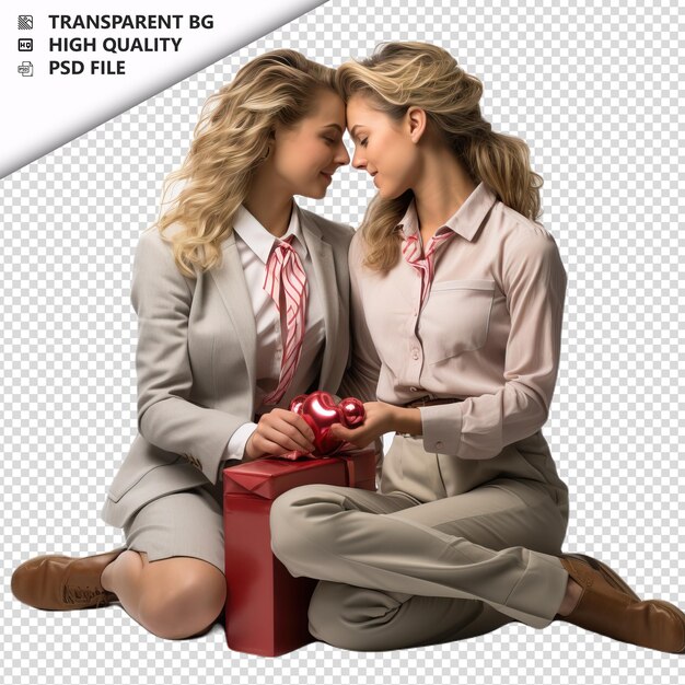 PSD romantic young lesbian couple valentine's day z prezentem bo transparent background psd izolowany.