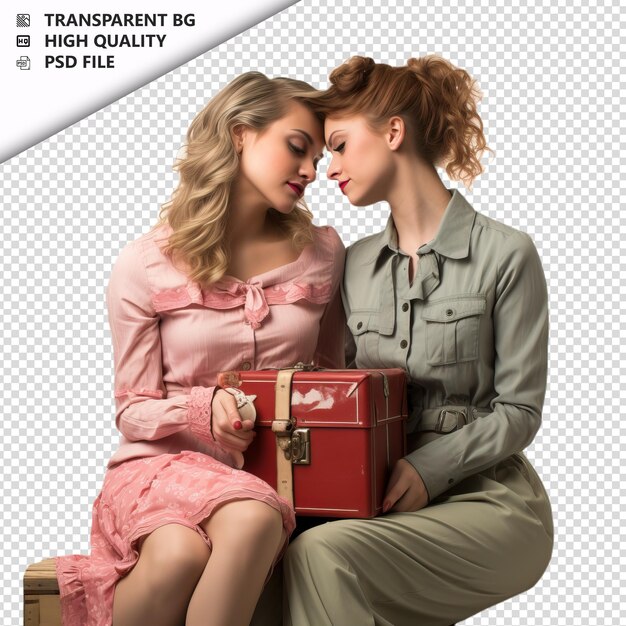 PSD romantic young lesbian couple valentines day with present transparent background psd isolated