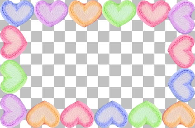 PSD romantyczna rama pastelowych kolorowych cukierków marshmallow w kształcie serca na przezroczystym tle