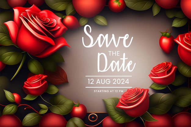 PSD romantyczne czerwone róże zapisz datę zaproszenie na ślub projekt vintage ramka róża zapisz datkę ślubu