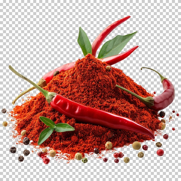 Rood chilipoeder met chili geïsoleerd op een doorzichtige achtergrond