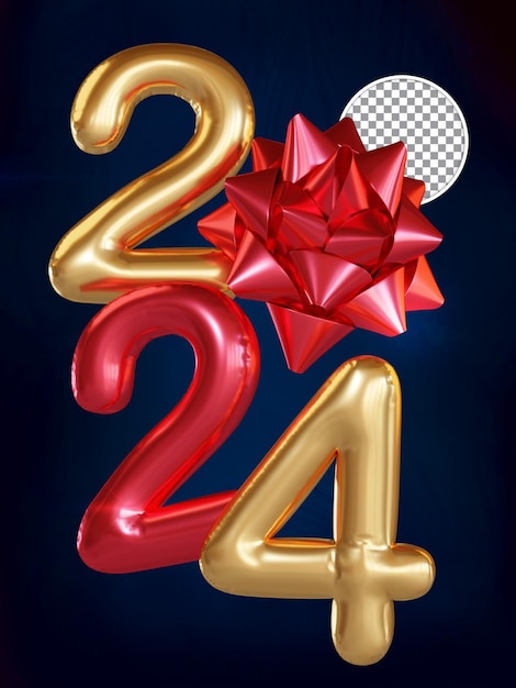 Rood en goud nieuwjaar 2024 ballon tekst 3d render geïsoleerde achtergrond