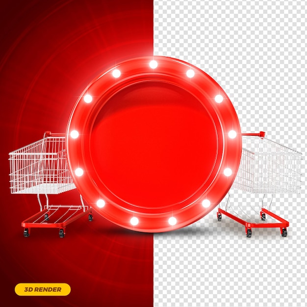 Rood frame 3d render met verlichting en supermarktkar voor compositie premium psd