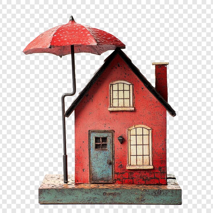 PSD rood huis miniatuur met paraplu bescherming huis verzekering concept