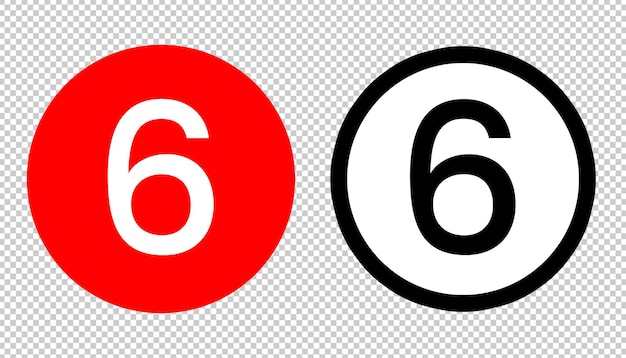 PSD rood nummer 6 icoon sjabloon doorzichtige rode cirkel nummer zwart en wit nummer 6 symbool psd bestand