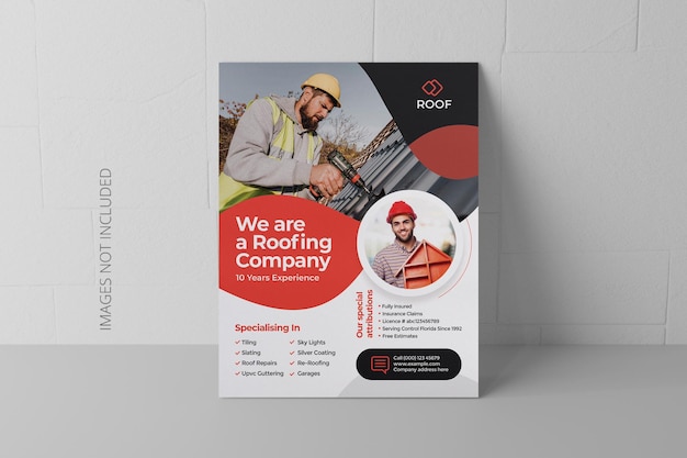 PSD roofing experts promotional flyer template z projektami ulotki do naprawy domu.